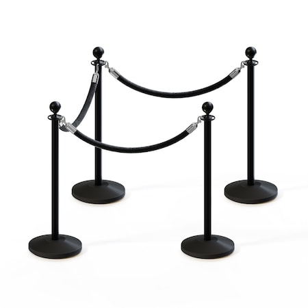 Montour Line Stanchion Post and Rope Kit Black, 4 Ball Top3 Black Rope C-Kit-4-BK-BA-3-PVR-BK-PS